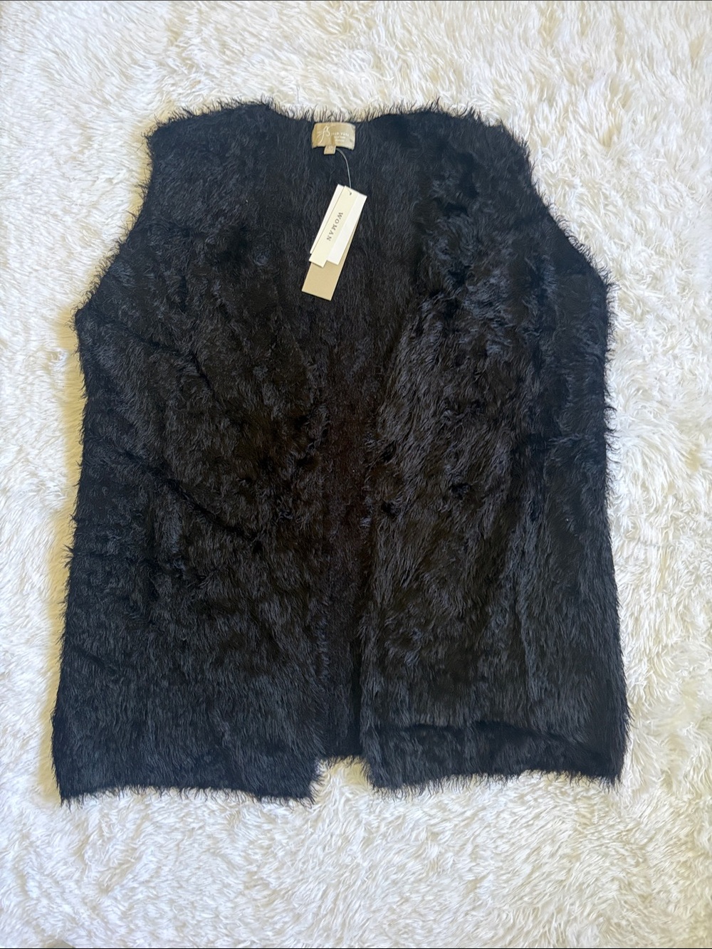 NWT Joan Vass Black Sleeveless Fuzzy Open Front Sweater Vest